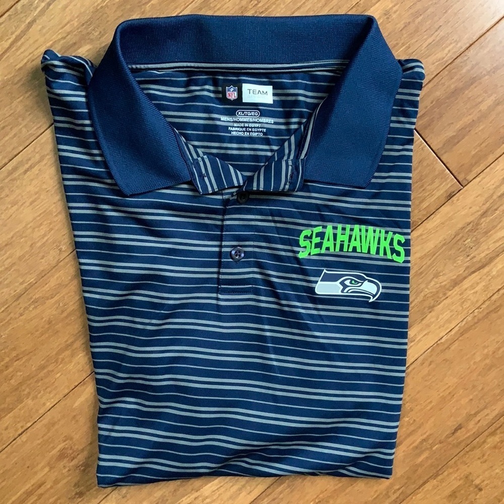 NEW SEAHAWKS NFL Navy/Gray Striped polo sz XL